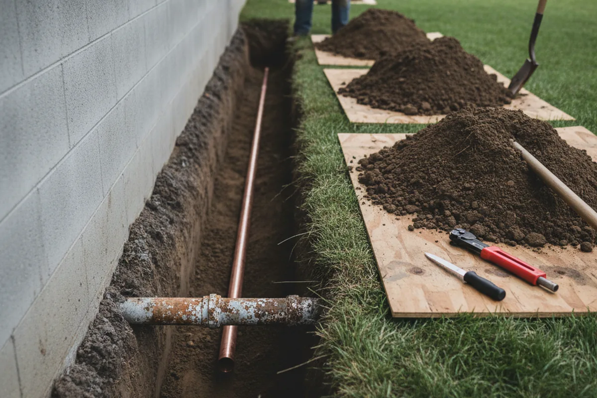 Excavated water line trench during Sewer Line Repair in Cudahy